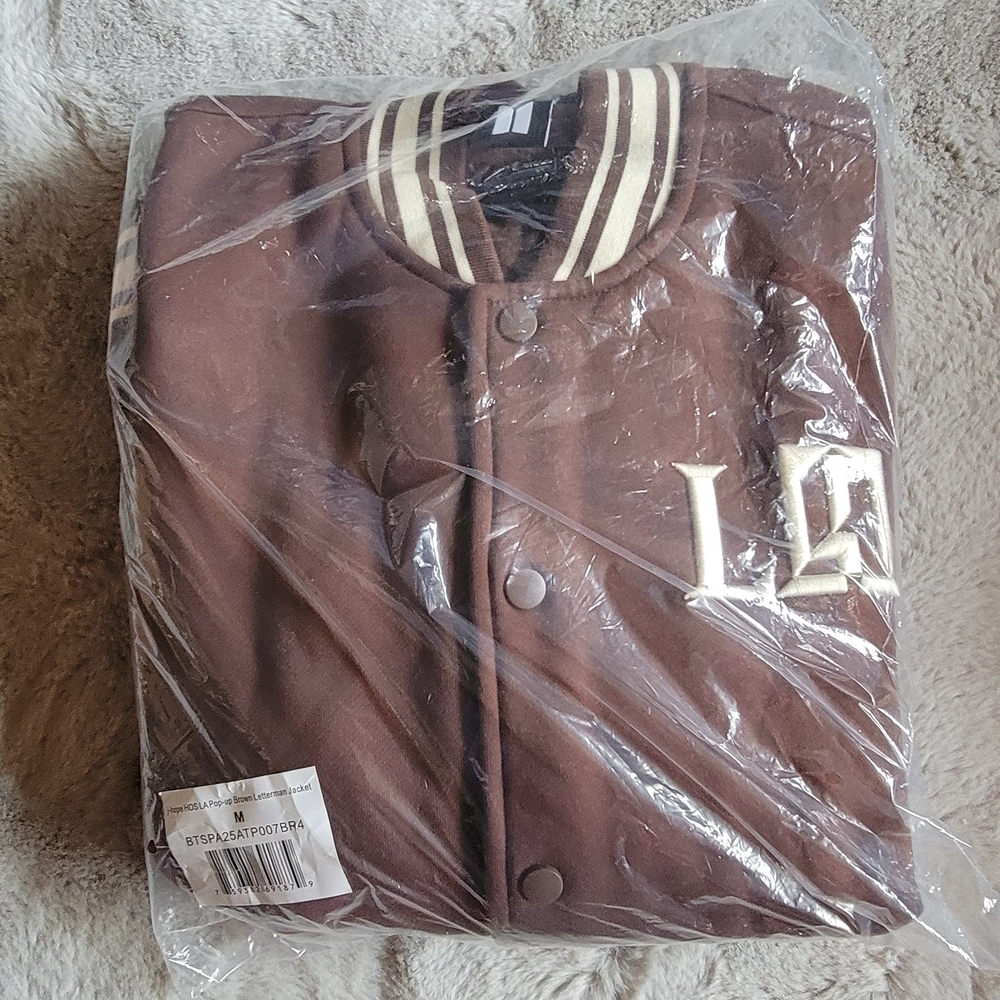 Brown Varsity Jacket with White Lettering